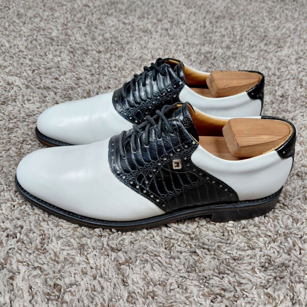 FootJoy 1857 Golf Shoes Mens 8.5 White Black Leather Spiked Premium